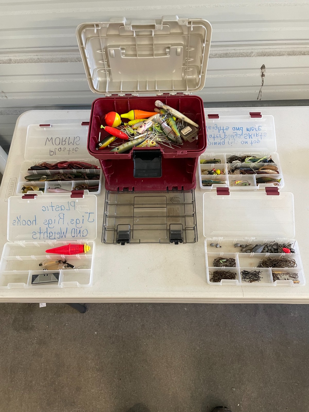 Plano Fishing Tackle Box Including Lot of Lures Hooks Weights Worms