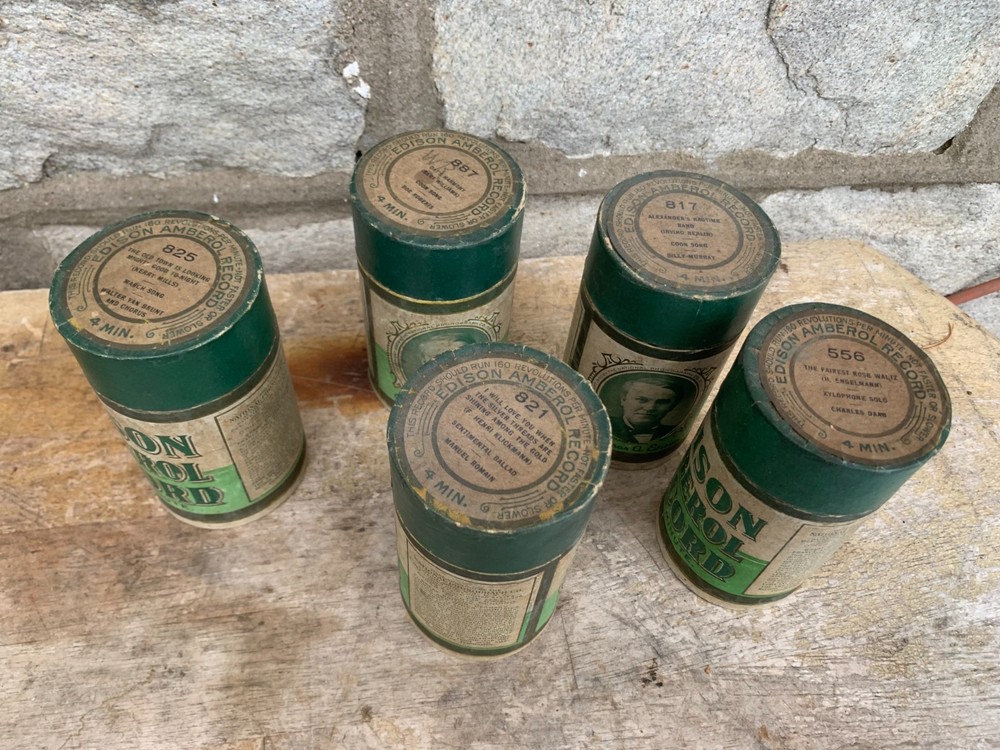 Five Antique Thomas Edison Amberol Cylinder Record With Cases UNTESTED AS IS