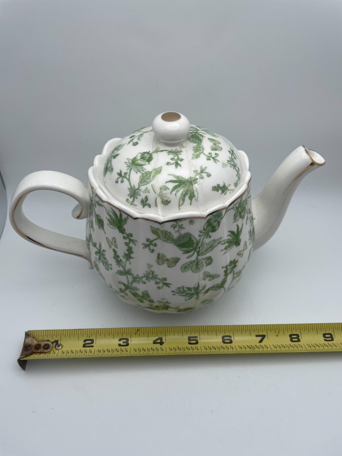 Grace Teaware Shabby Chic Green Floral Gold Trim Fine Porcelain Teapot & Lid B97