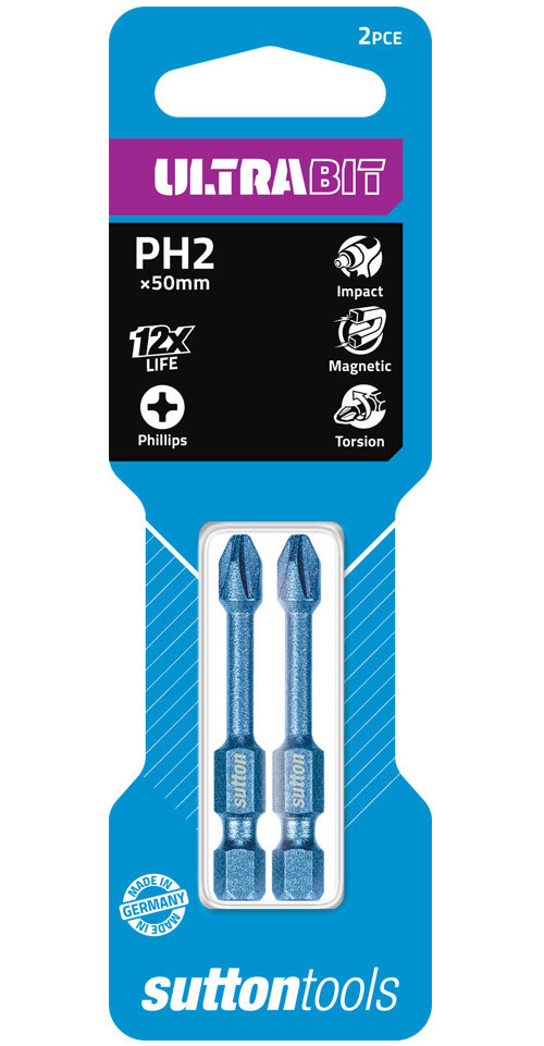 2 x SUTTON IMPACT ULTRABIT PHILLIPS HEAD PH2 x 50mm INSERT BITS - GERMAN MADE