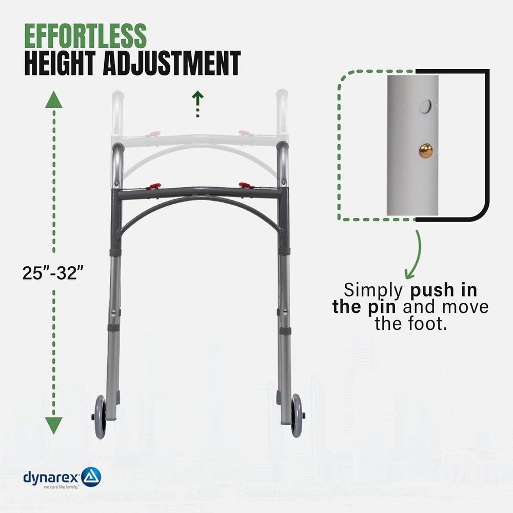 Junior Two-Button Folding Walker with Wheels has Tool-Free Adjustable Height