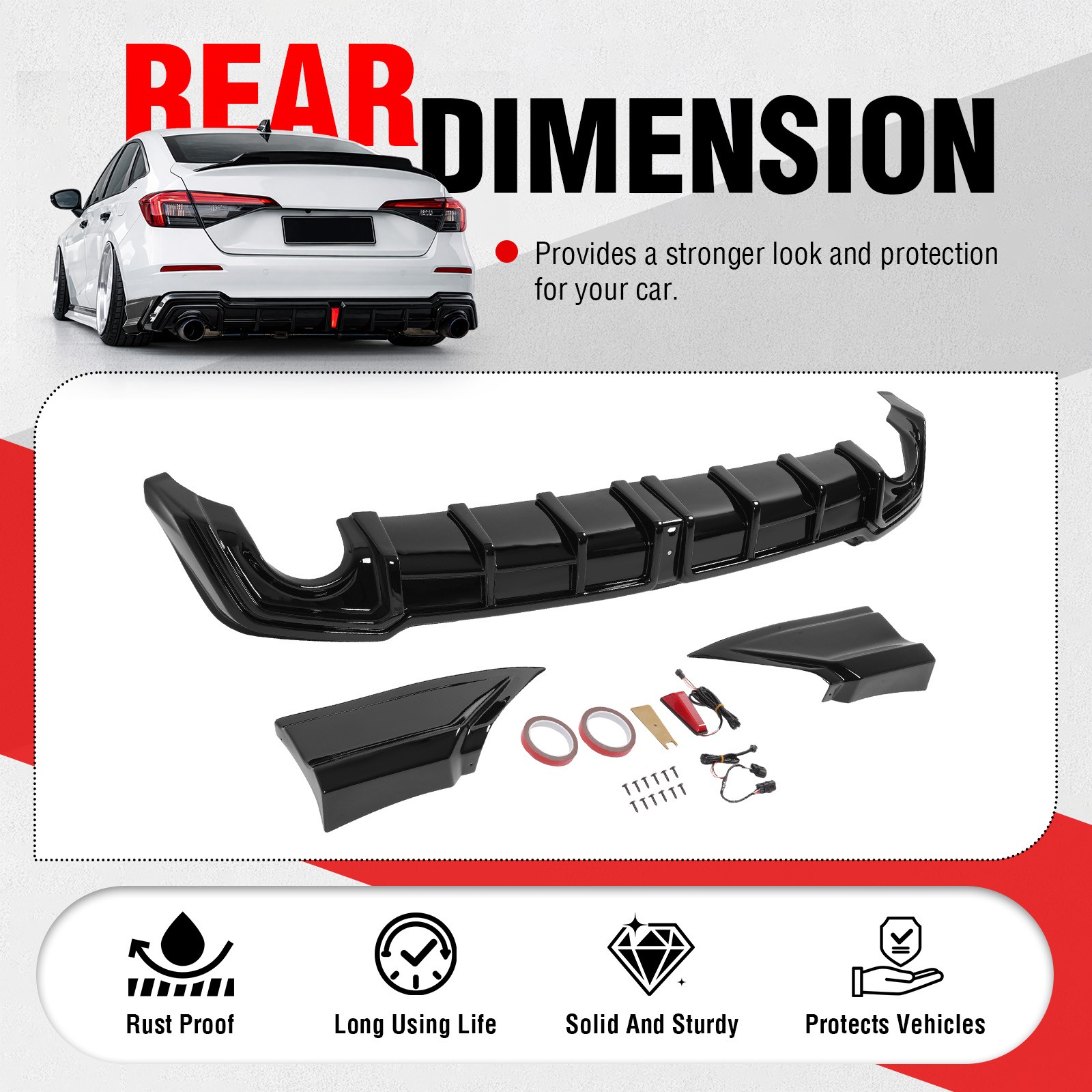 Rear Diffuser w/LED Light + Corner Spats Gloss Black For 2022-2026 Honda Civic