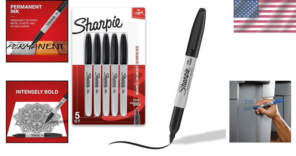 5 Count Fine Tip Permanent Markers - Quick Drying & Fade Resistant for All Su...