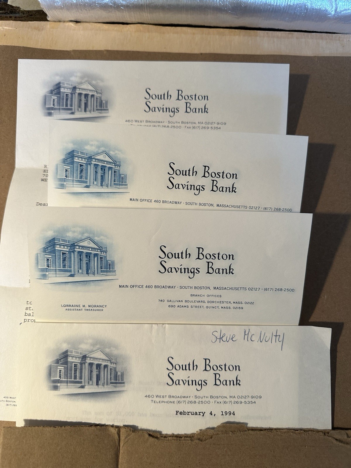 4 Vintage South Boston Savings Bank MA. Blue Engraving Letterheads Letters