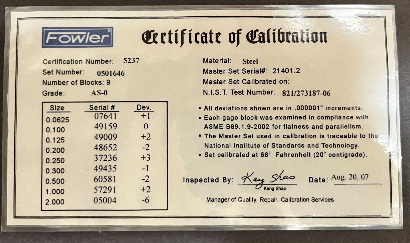 Fowler Micrometer 11 piece Calibration Set 536700020