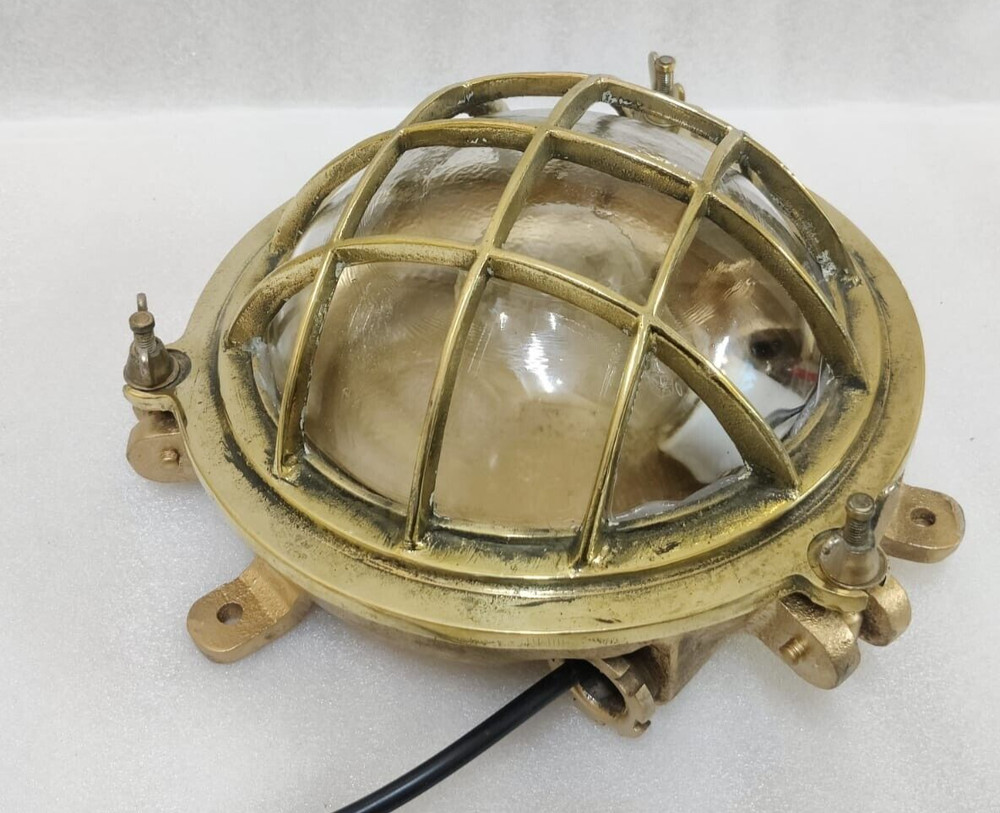 Vintage original Brass Cage&Iron Base Bulkhead passageway Light 2PC.
