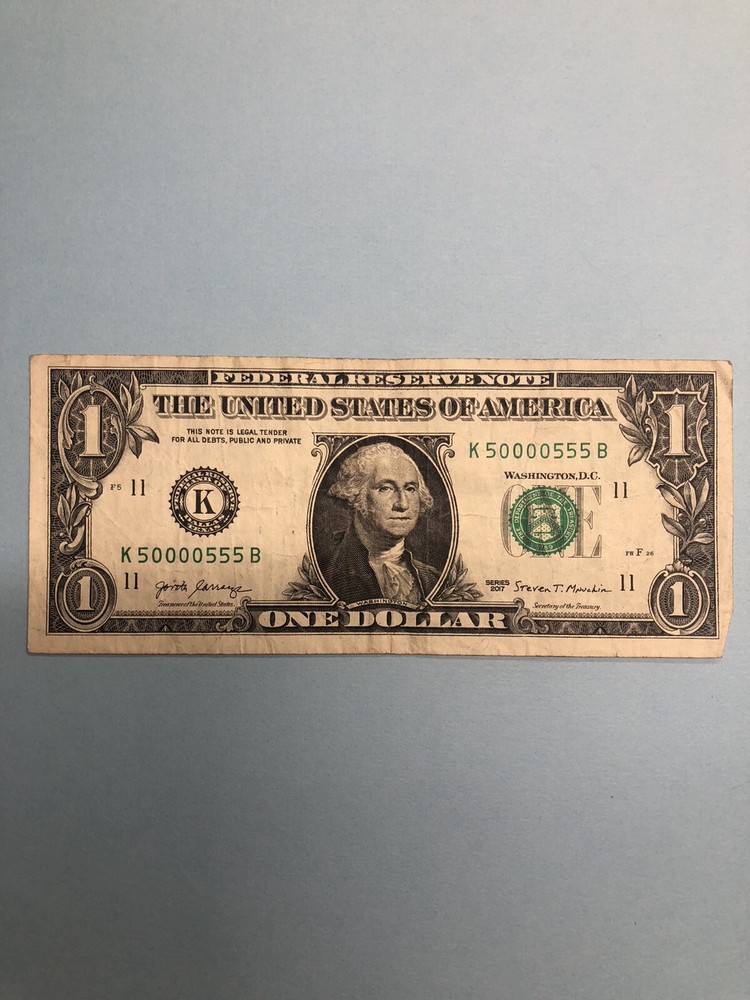 FANCY SERIAL NUMBER - 50000555 Binary - 2017 $1 CIRCULATED BILL