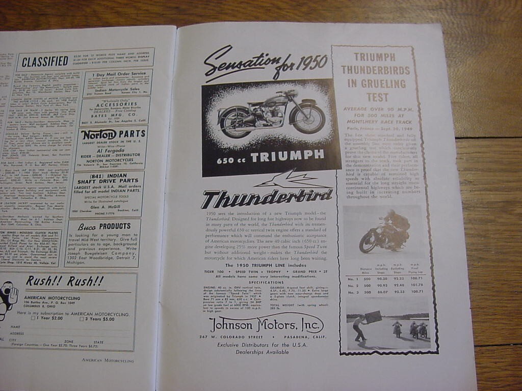 VINTAGE American Motorcycling magazine November 1949 New Triumph Thunderbird