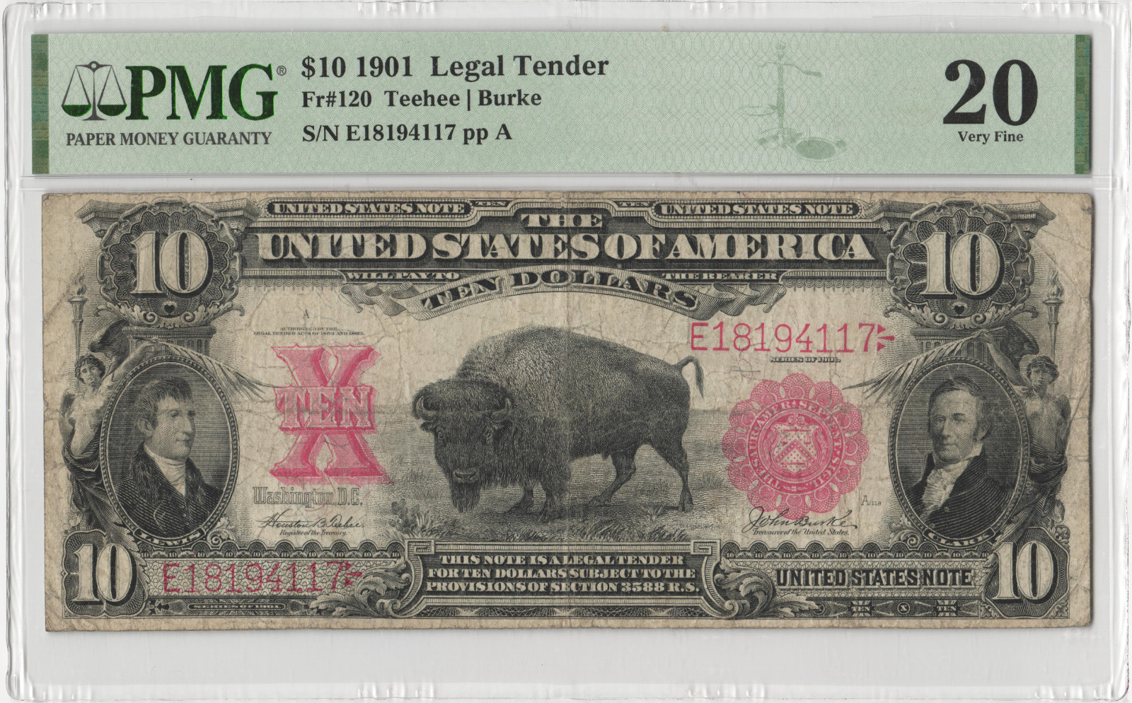 Fr.120 1901 Bison $10 Legal Tender Note PMG Very Fine 20