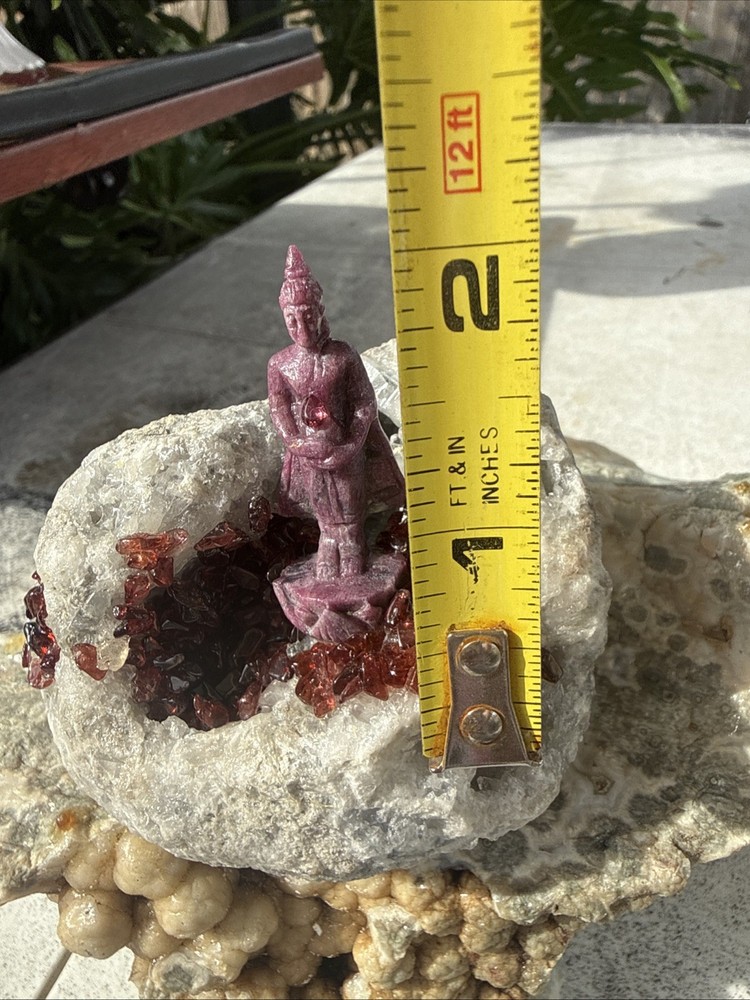 Carved Ruby Buhda On Ocean Jasper Faced Rough, Incredible Orbs Red Crystals 6”