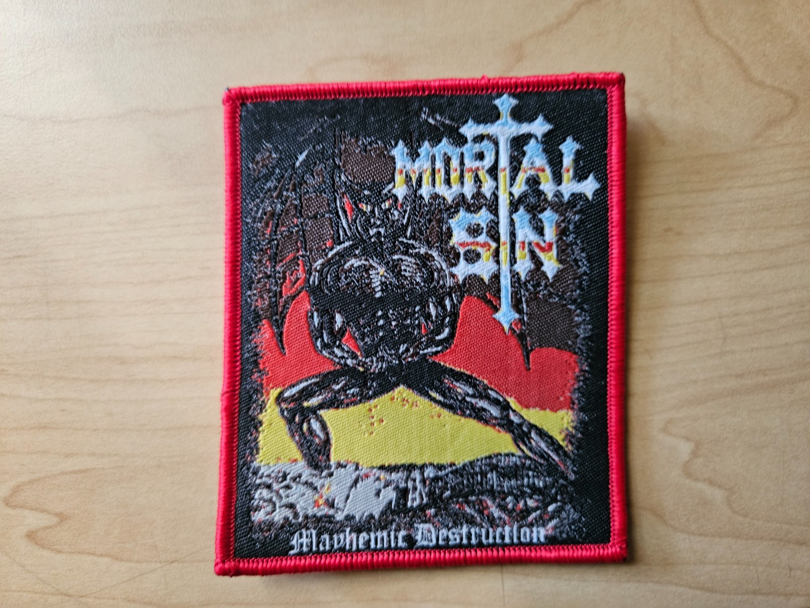 MORTAL SIN, MAYHEMIC DESTRUCTION, SEW ON RED BORDER WOVEN PATCH