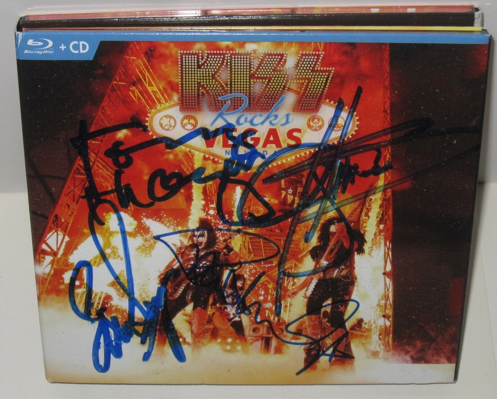KISS SIGNED ROCKS VEGAS CD DVD GENE SIMMONS PAUL STANLEY AUTOGRAPH BAS LOA X4