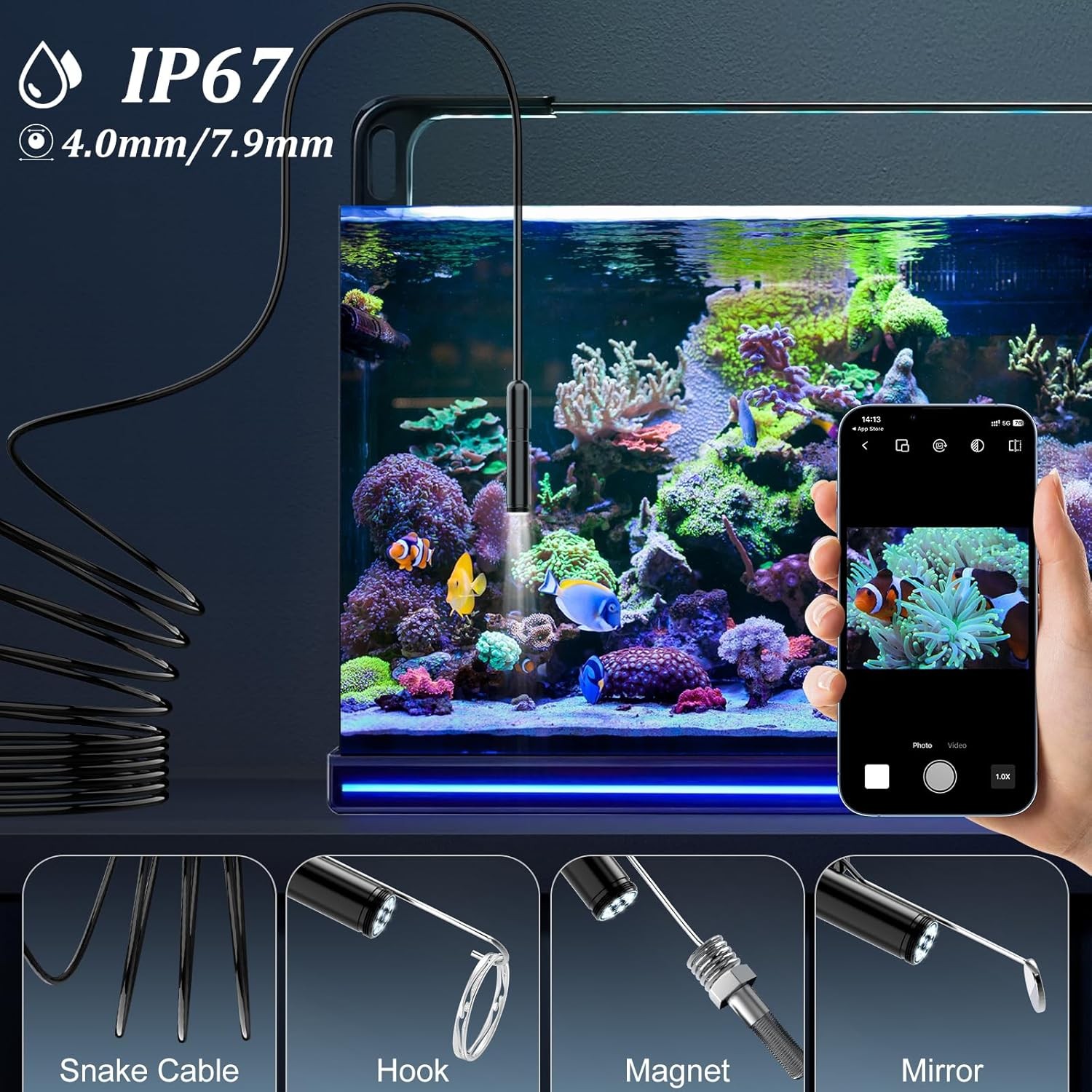 16.4ft Endoscope Camera with Light, 1920P HD Borescope Camera with 8 LED Lights