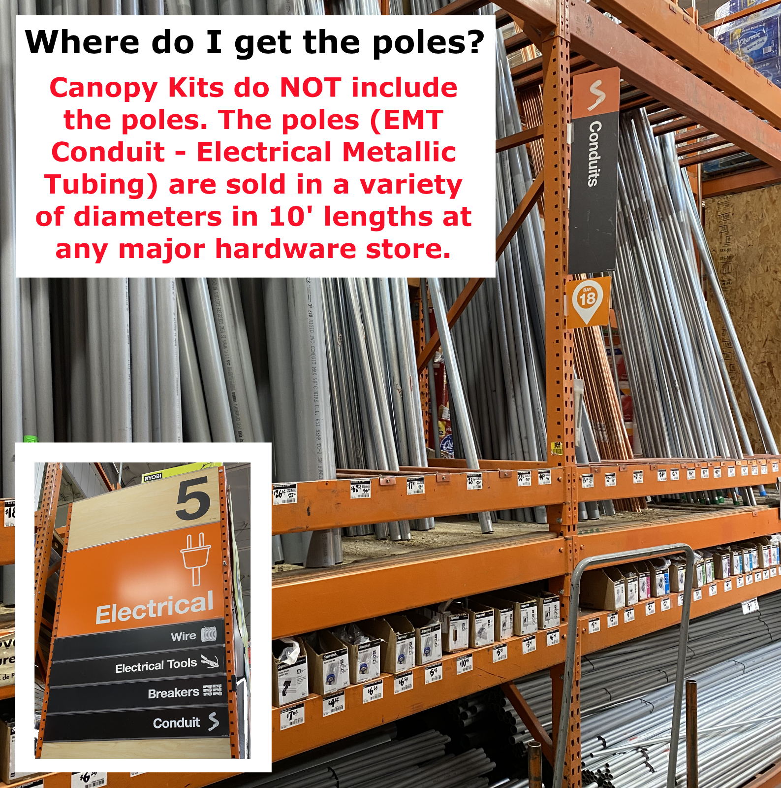 Low Peak Canopy Fittings Kits, DIY Carport or Greenhouse, EMT Connector Parts