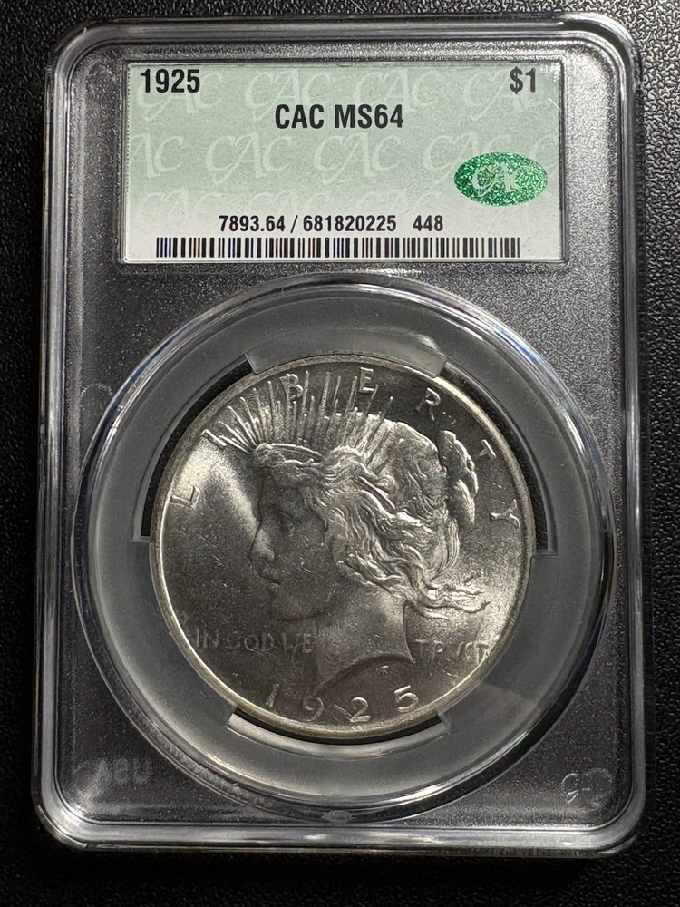 1925 $1 CAC  MS 64 Green Bean Peace Silver Dollar Problem Free Holder