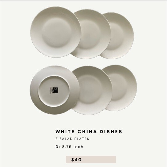 8 White China Salad Dishes Set