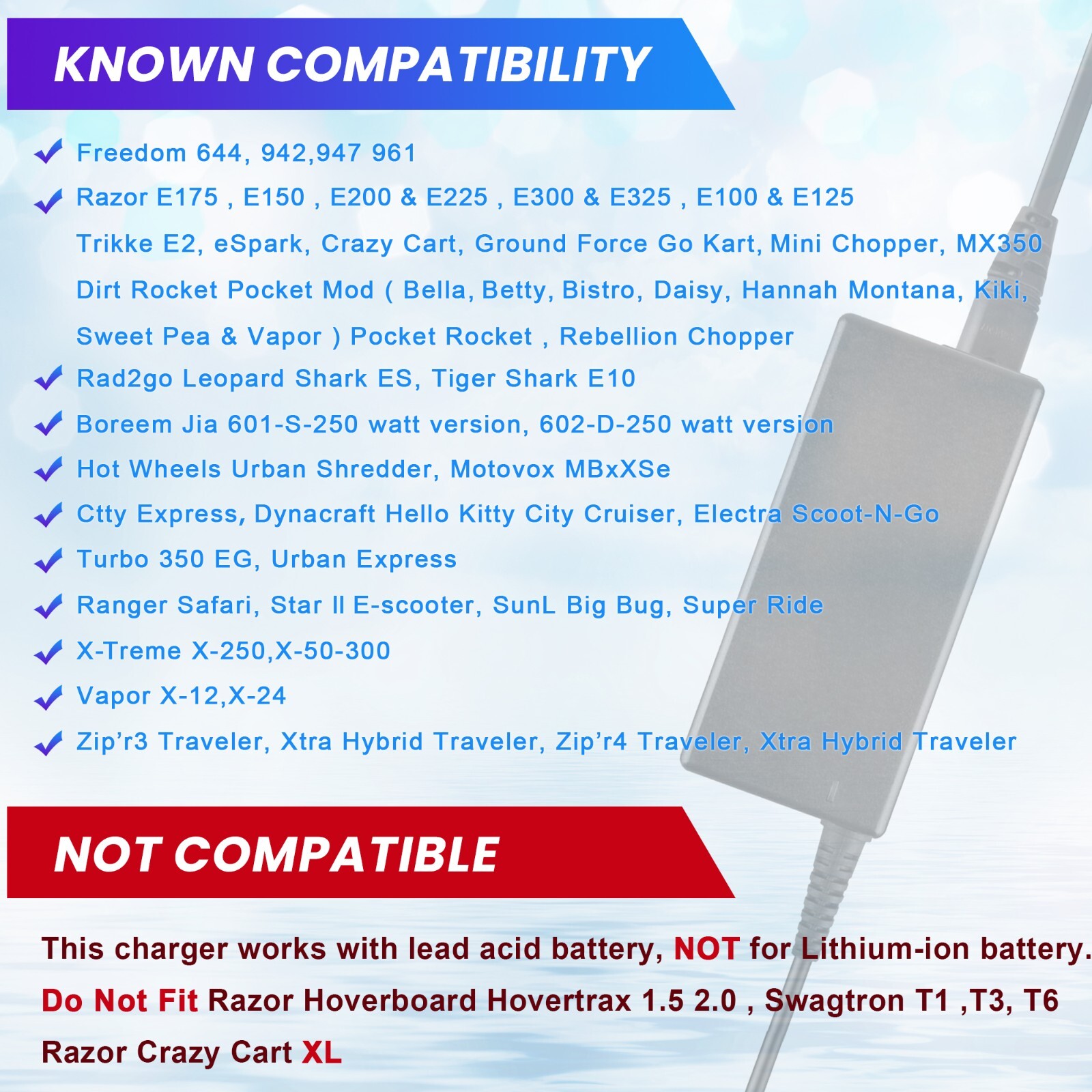 24V Electric Scooter Charger for Razor E175 E125 E325 E500 PR20 ZR350 MX350 E100