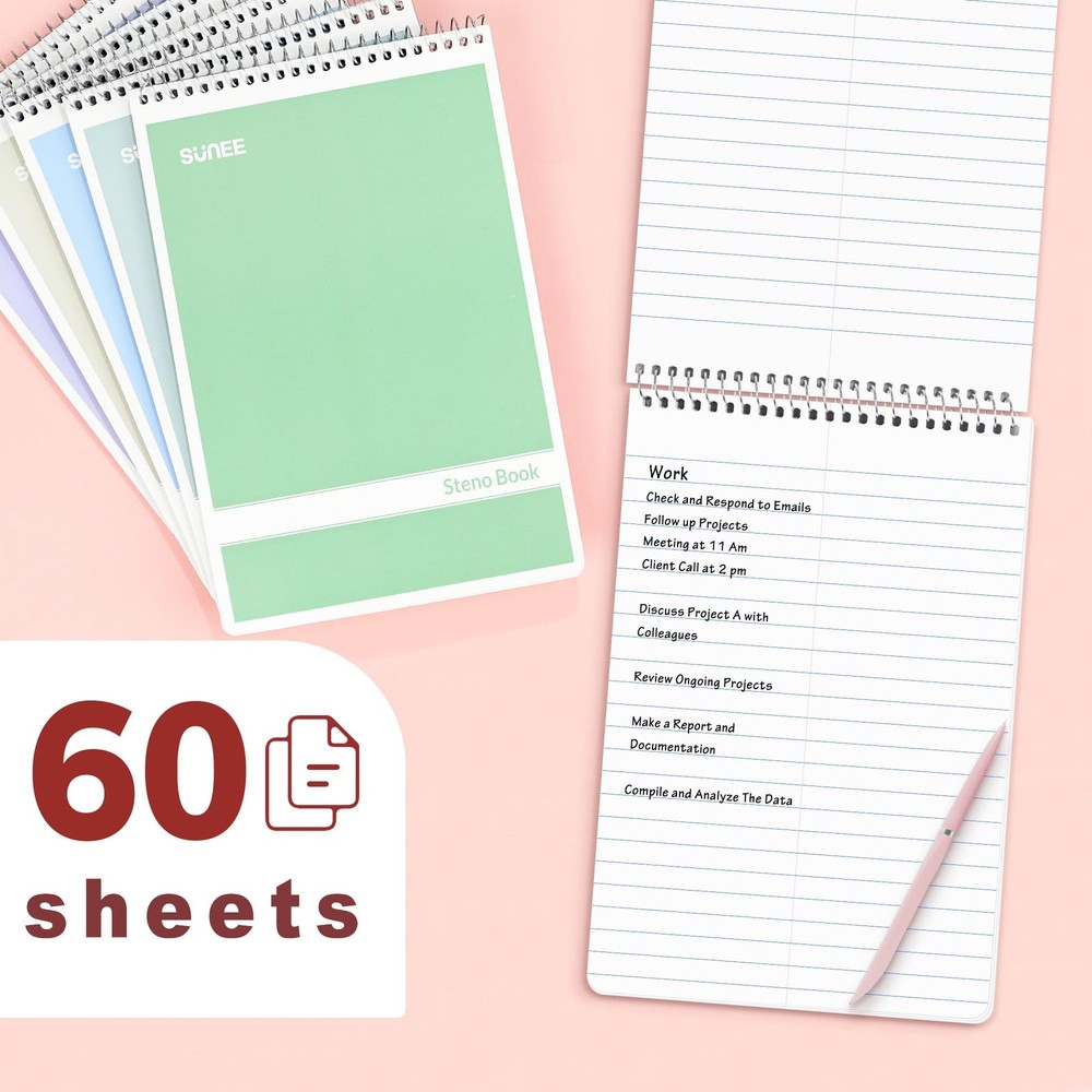 SUNEE Steno Pads 6x9 6 Pack Assorted Colors Gregg Rule 60 Sheets Notebook