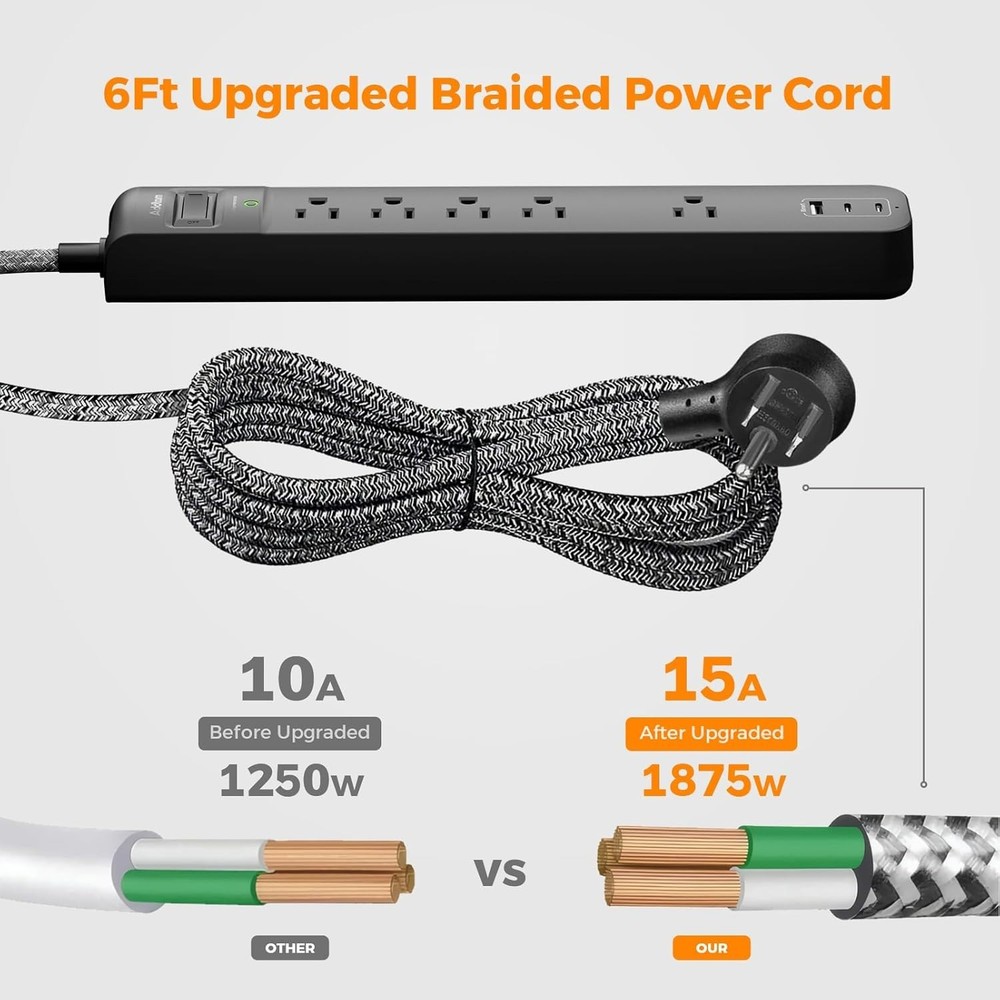 5-Outlet Power Strip Surge Protector with USB Charging