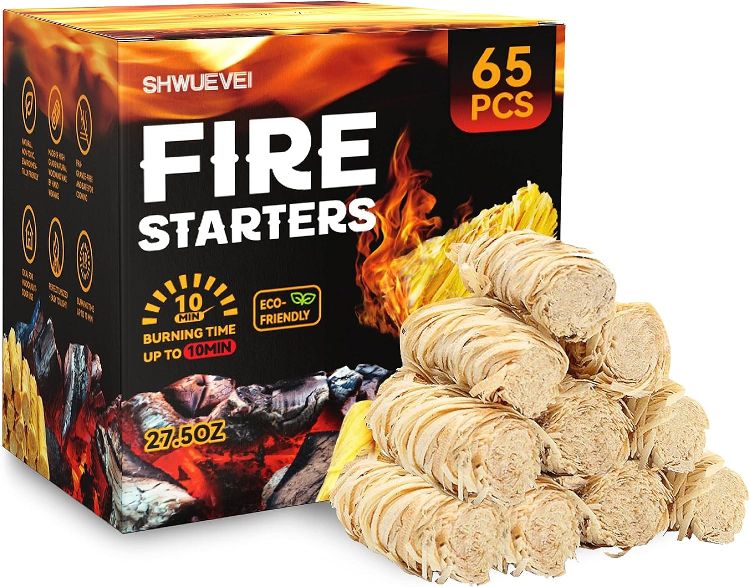 65 Pcs Fire Starter - Natural Fire Starters for Fireplace, Pellet Stove & Wood,