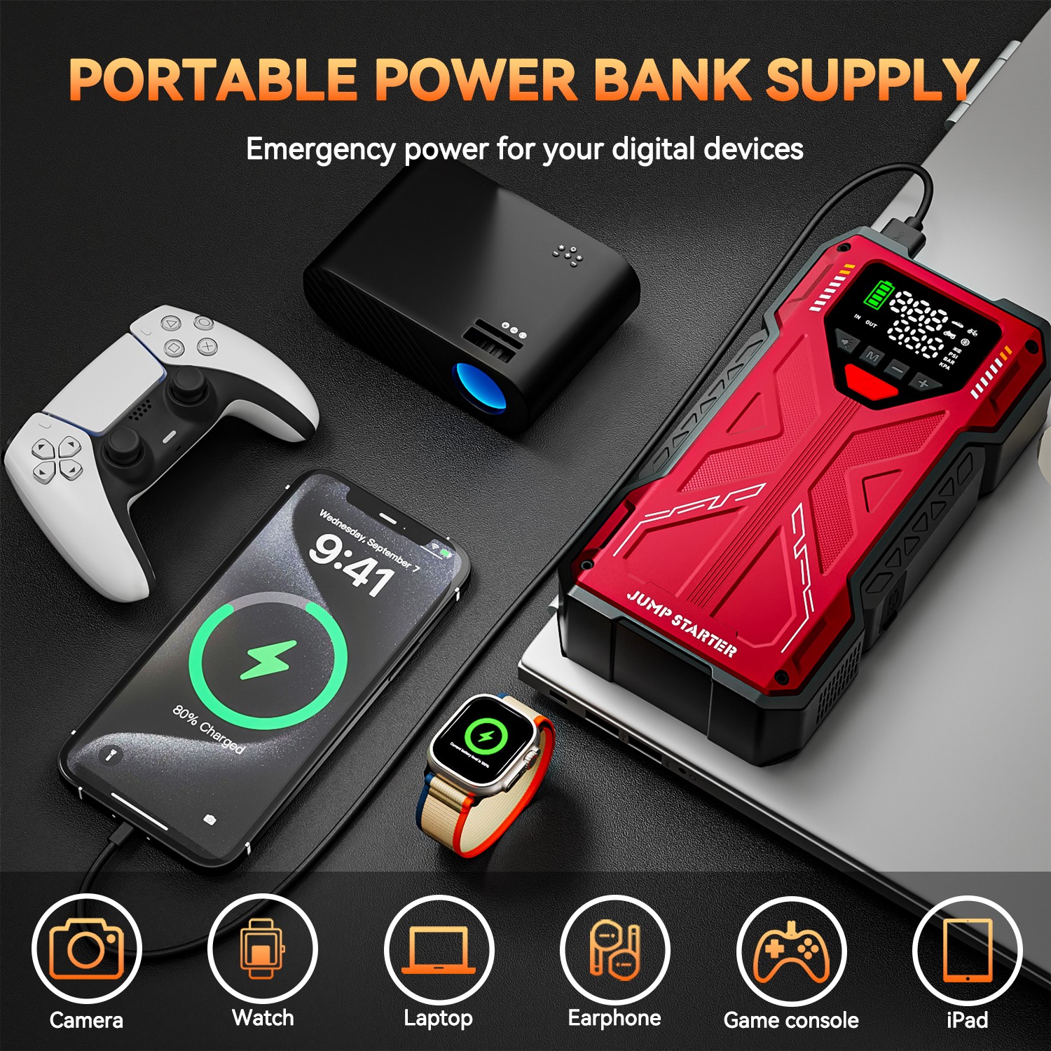 6000A Car Jump Starter with Air Compressor Combo Portable Jump Box Bank Battery