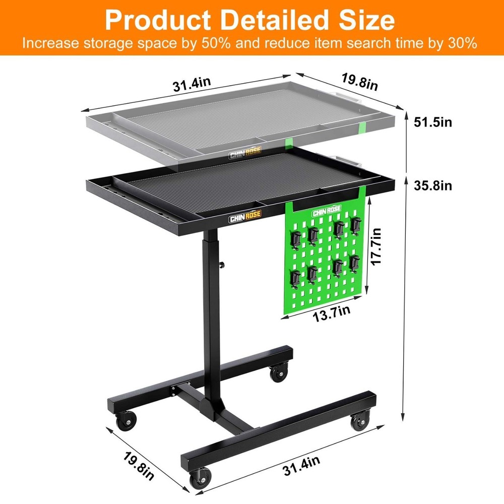 Rolling Tool Tray with Wheels Adjustable Height Mobile Work Table 500Lb Capacity
