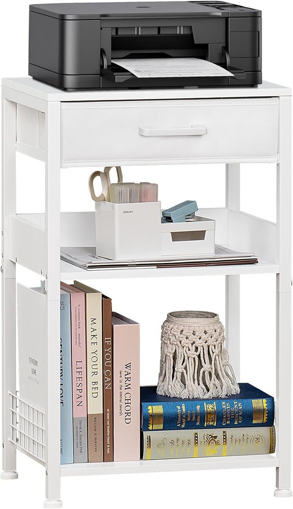 White Printer Stand W/ Fabric Drawer 3 Tier Industrial Side Table Modern Small