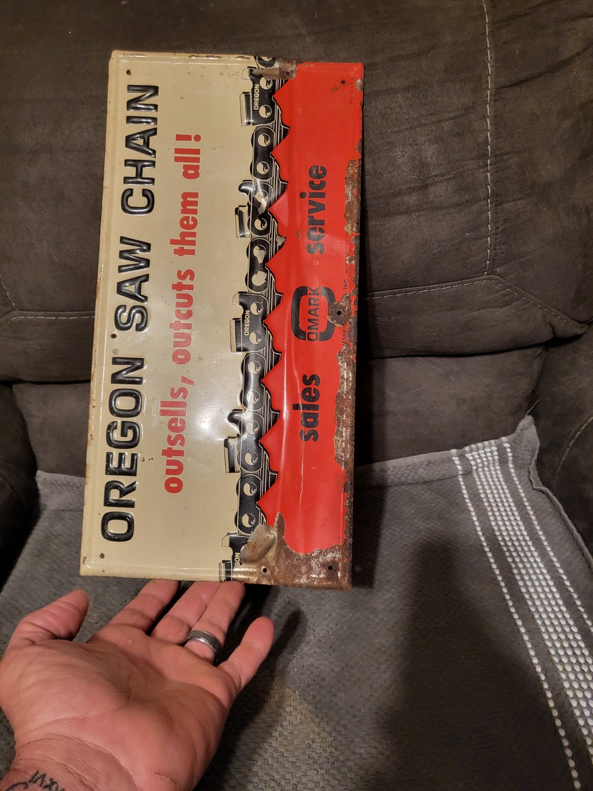 Oregon Chainsaw Advertising Sign, EARLY HEAVY METAL NOT TIN TACKER..