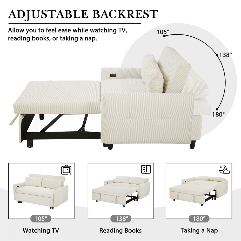 Convertible Sleeper Sofa Bed Loveseat Sofa w/ Pull Out Bed & USB Ports