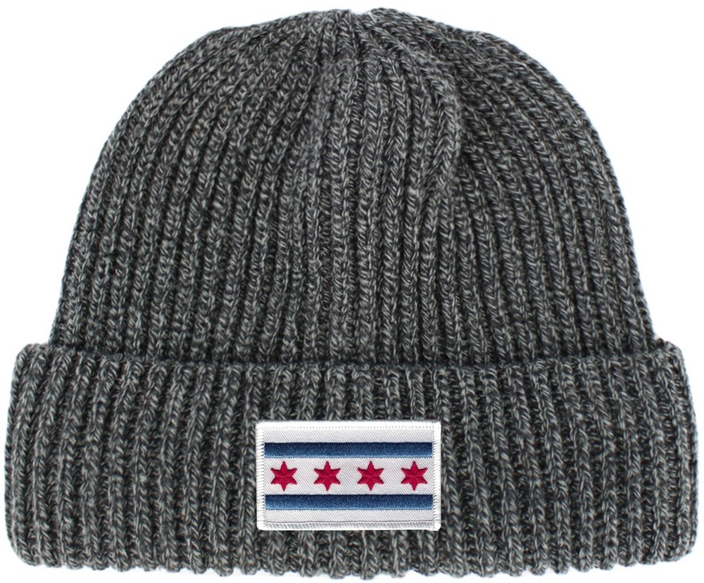 Chicago Flag Patch Cuffed Ribbed Beanie Hat White Border Mix Grey