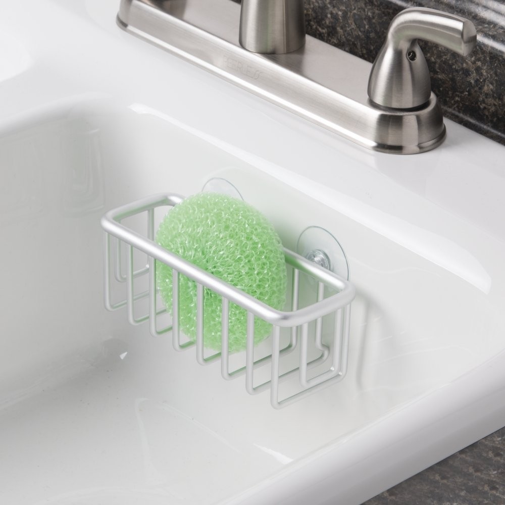 iDesign Metro Rustproof Aluminum Suction Sponge Holder for Kitchen Silver