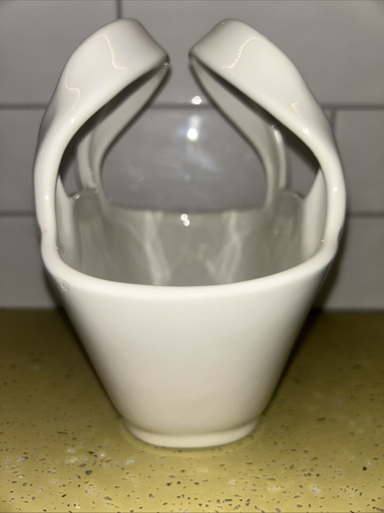 Pottery Barn Ceramic Basket 6.75" Ivory White Double Handle Easter Spring Summer