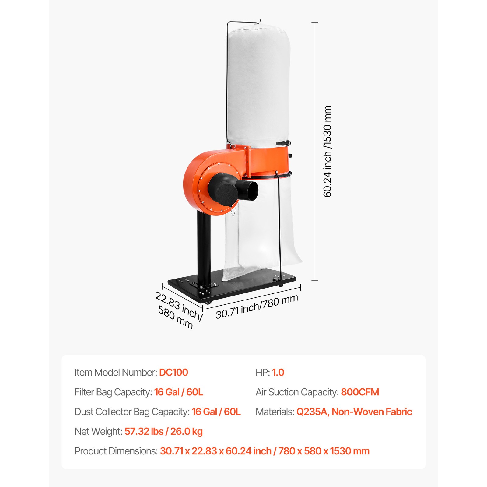 Uimoso 800 CFM Dust Collector with 2.5 Micron Filter and 3400 RPM Vortex Cone