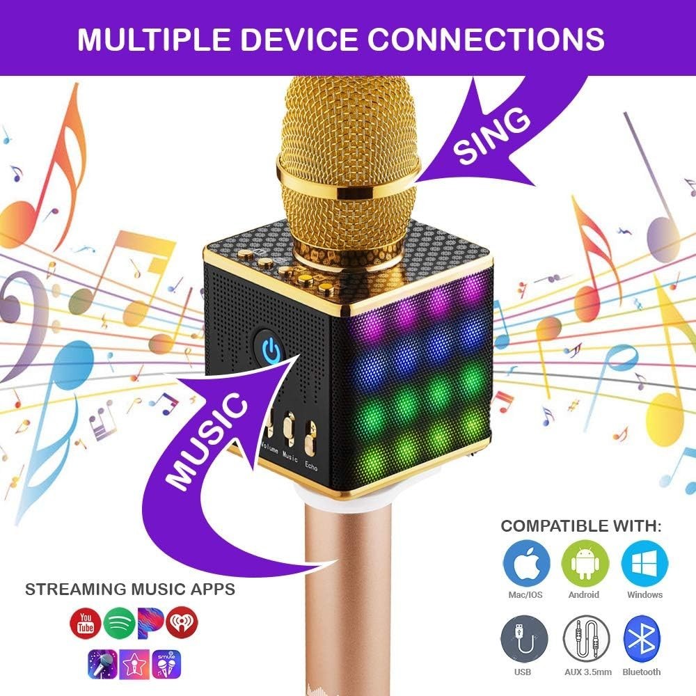 Wireless Karaoke Microphone (LED Light, Gold)