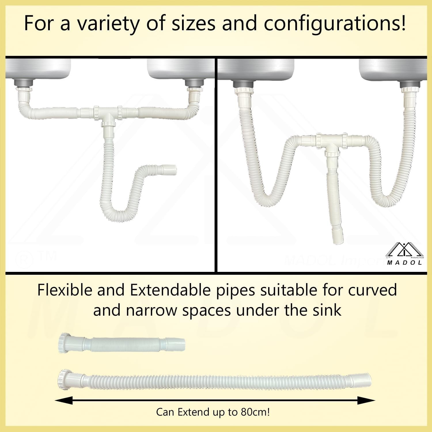 Kitchen Sink Drain Kit, 1-1/2” All-in-One Corrugated Flexible Pipe Set