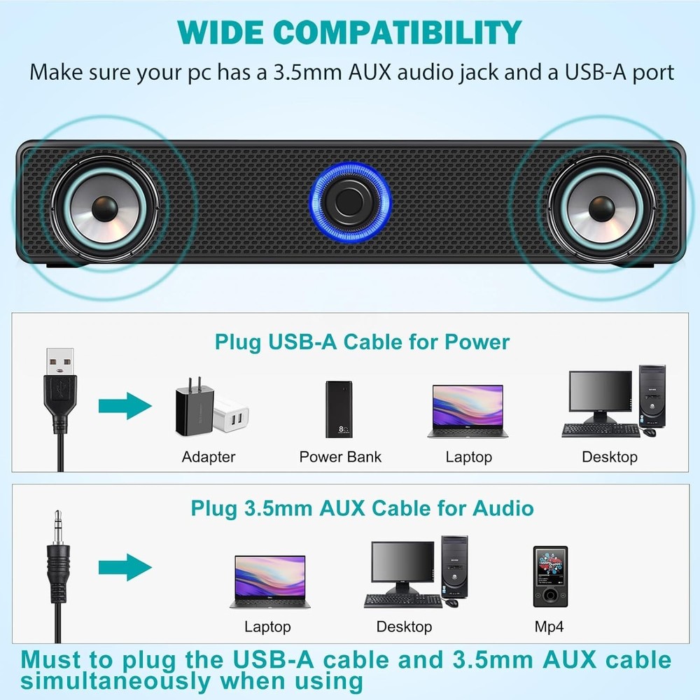 USB-A Powered Wired Stereo Speakers for Computer & Laptop - No Bluetooth