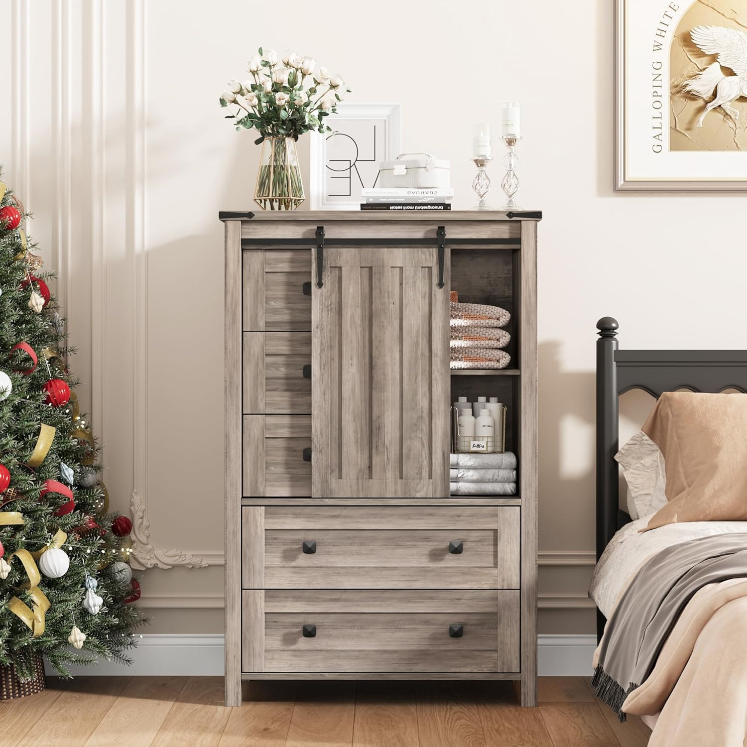 Rustic 5 Drawer Dresser with Barn Door & Adjustable Shelf - Grey Finish