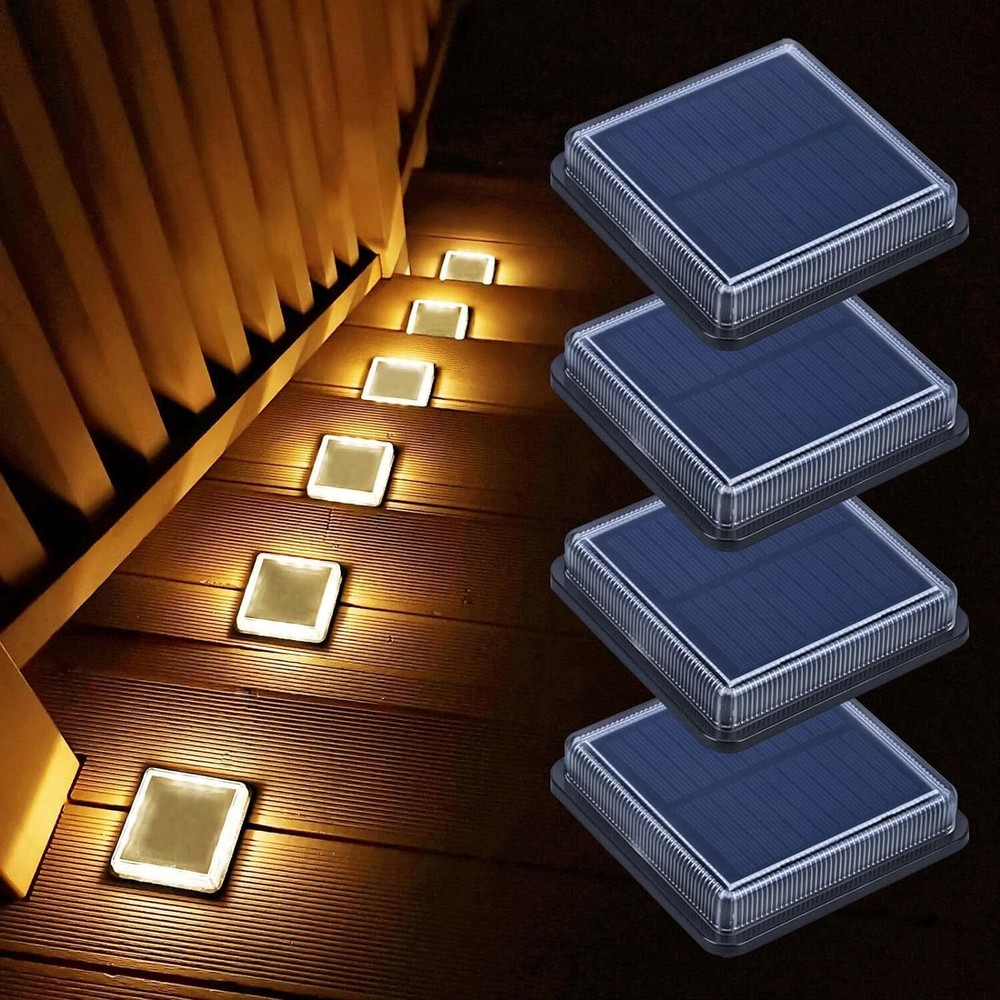 Solar Step Lights, 4-Pack 50LM 3000K Warm White LED Deck Square,