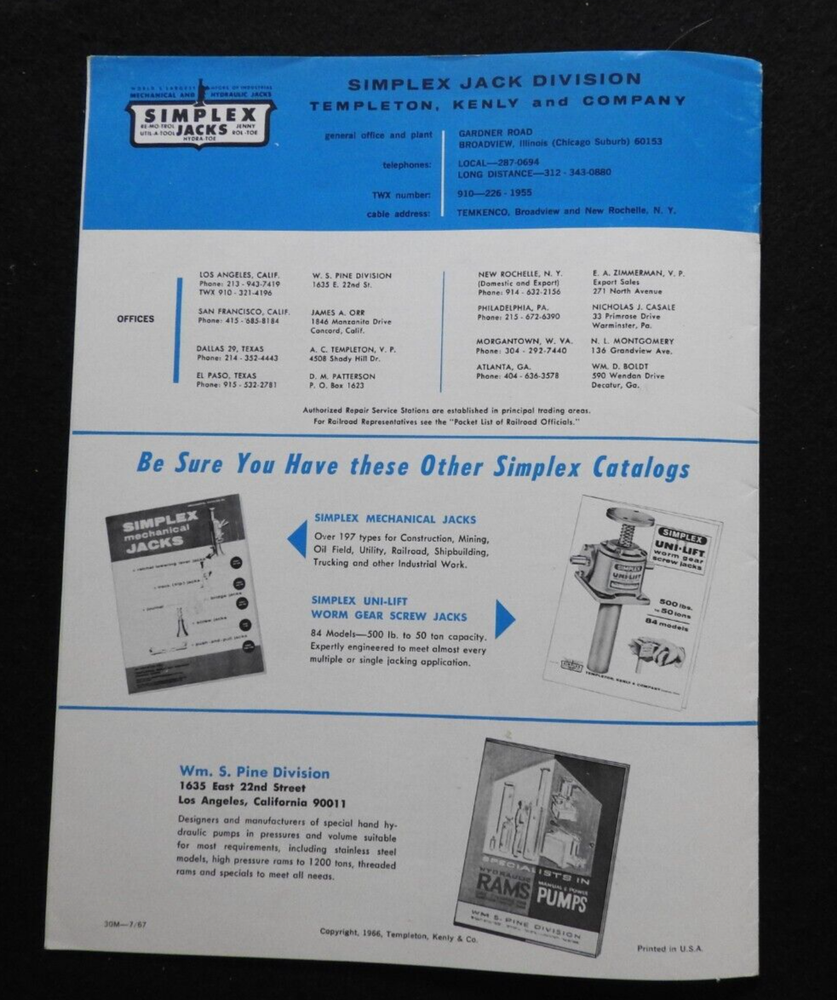 1966 Templeton Kenly & Co Simplex Jacks & Pullers Engineering Brochure Broadview