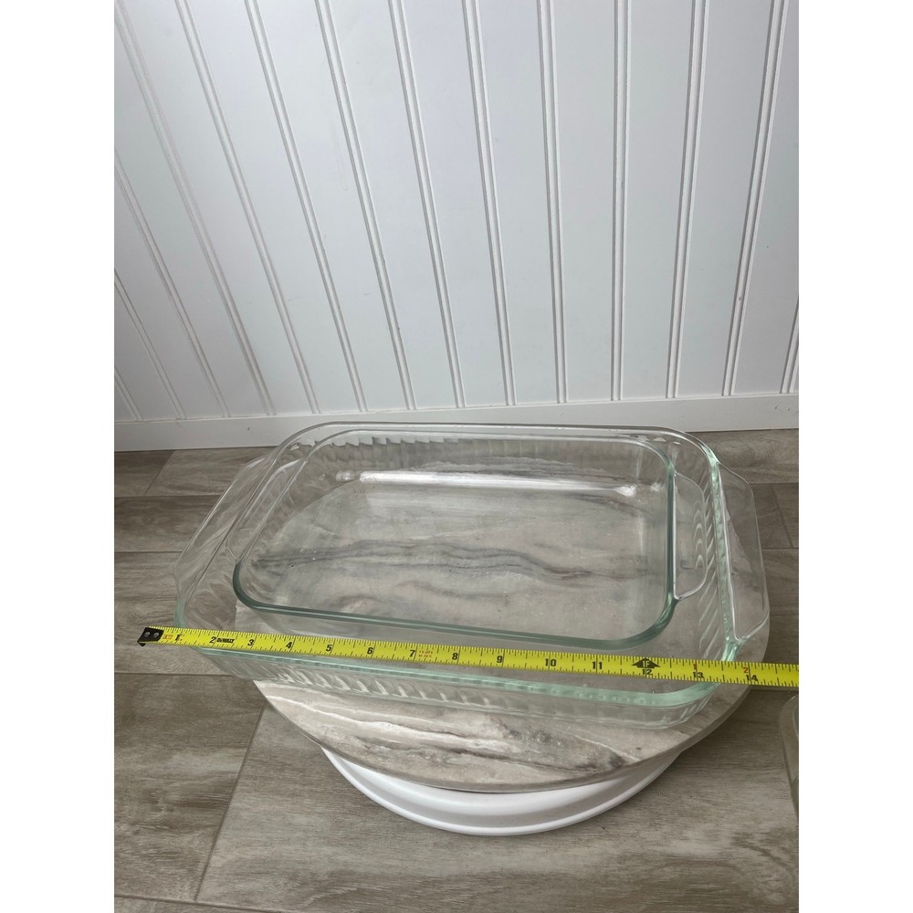 Pyrex VTG Borosilicate Bakeware Set 5pc Anchor Hocking Cake Stand Clear White