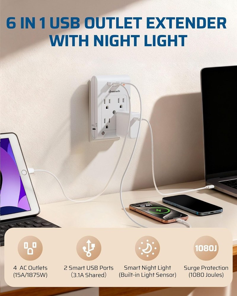 Certified USB Outlet Extender, Surge Protector, 2 Pack