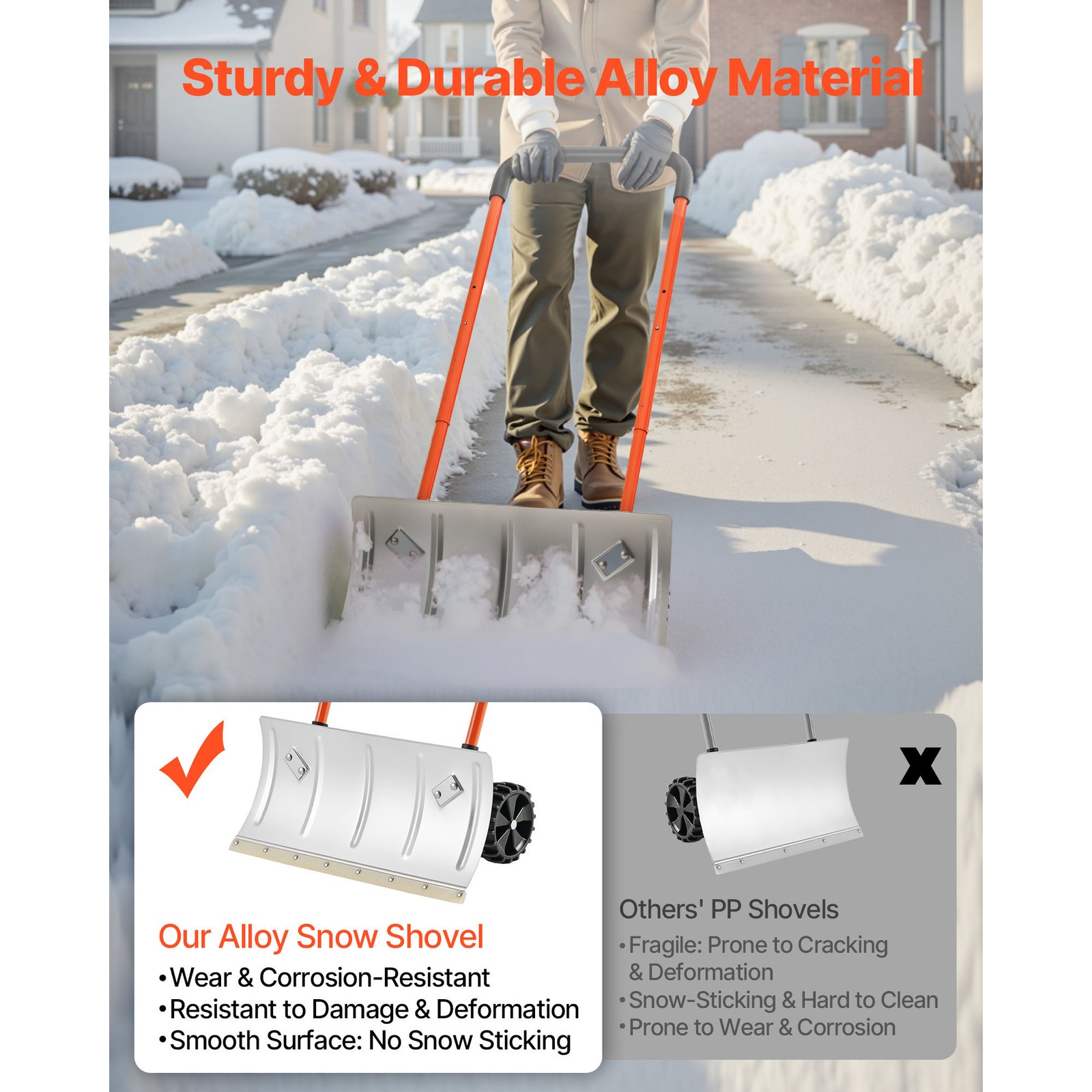 Snow Shovel with Wheels 24" Durable Metal Snow Removal Pusher Plow for Driveway