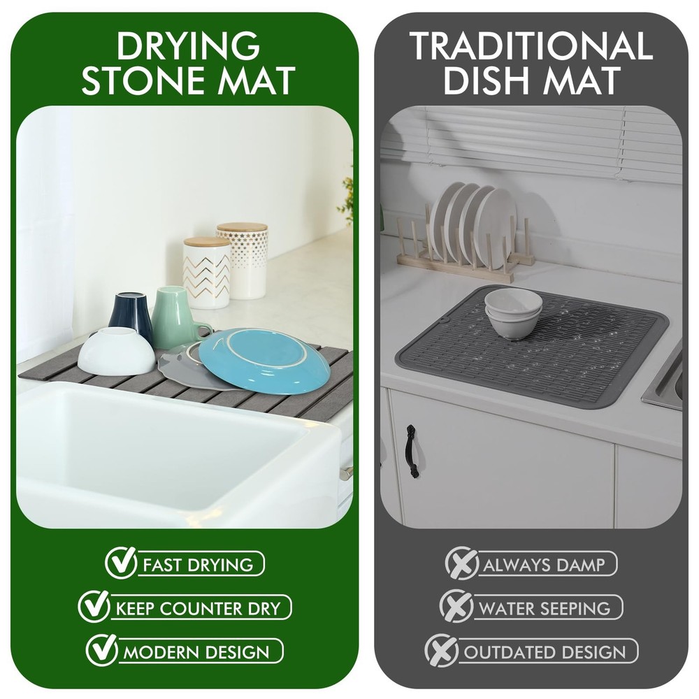 Stone Drying Mat for Kitchen Counter, Large Dark Gray Foldable Diatomaceous E...