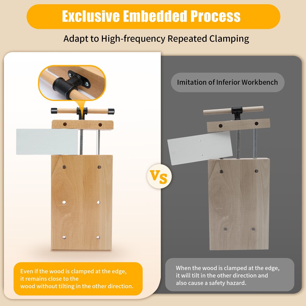 Mobile Workbench, Solid Beech Wood Workbench with 7.87-inch Clamping Range,