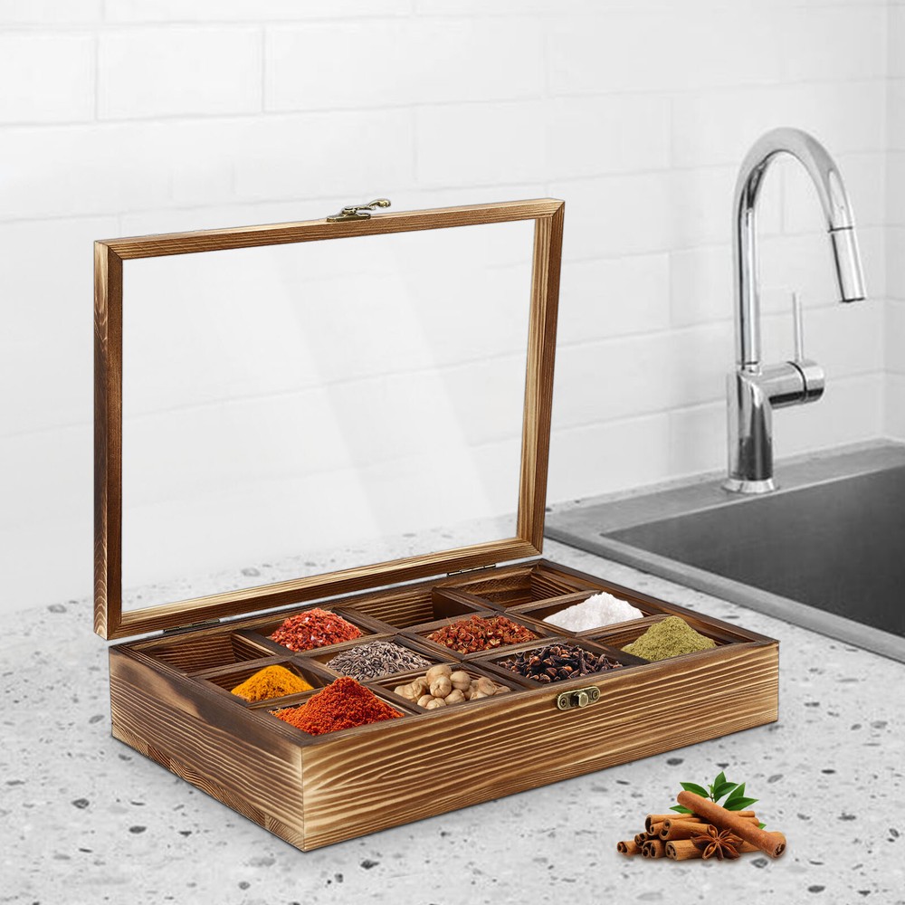 12-Compartment Wooden Spice Box with Spoon - Elegant Kitchen Storage Solution