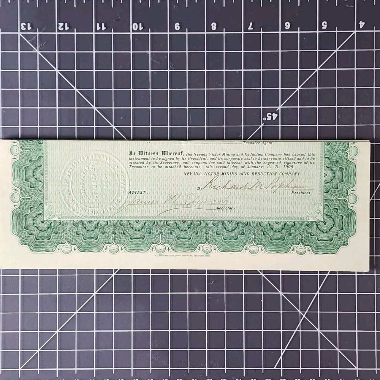 Nevada Victor Mining Reduction Co. Gold Coupon Bond 1908 First Mortgage #68