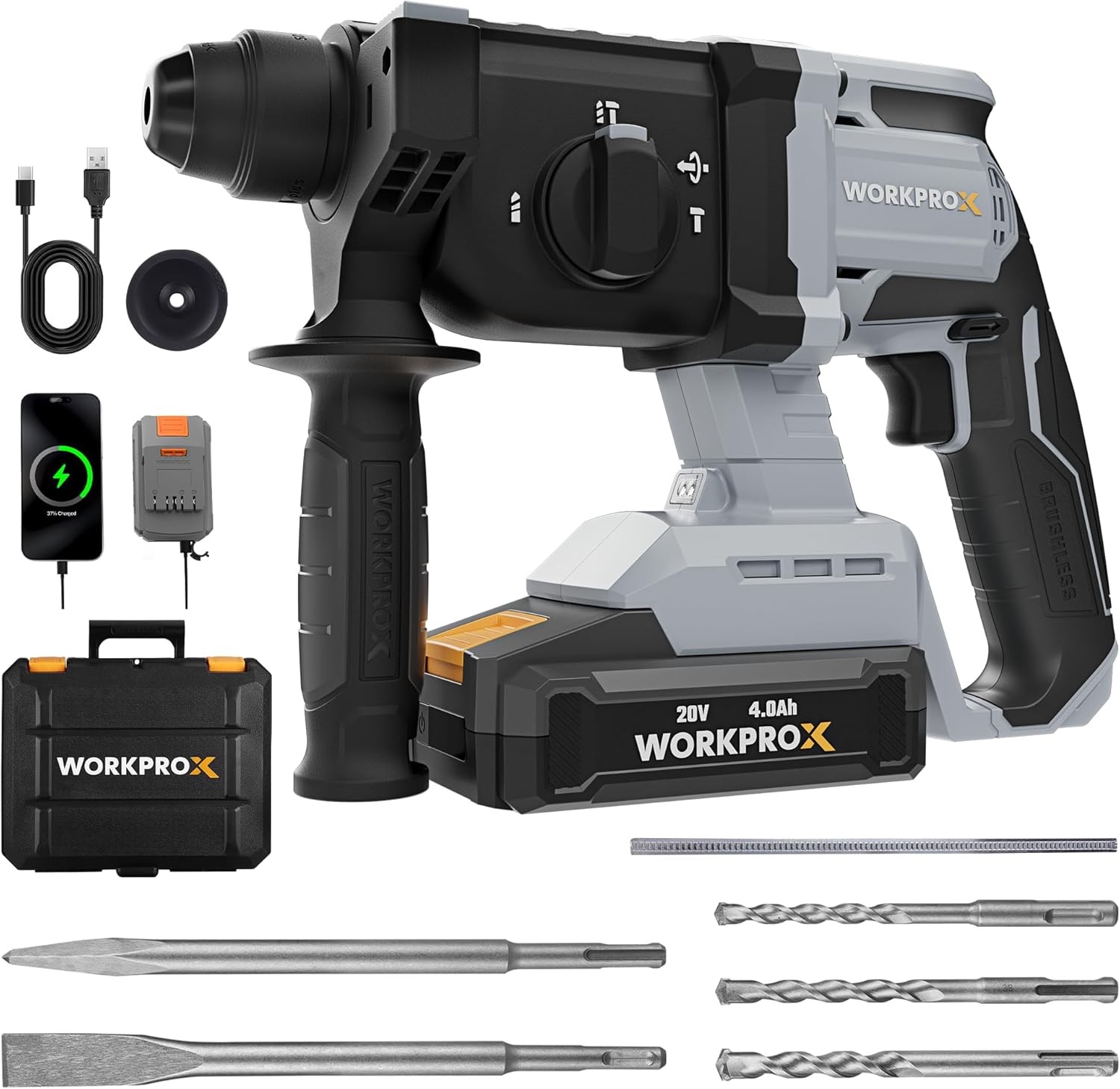 WORKPROX 20V Cordless Rotary Hammer Drill 7/8" SDS-Plus Brushless w/4.0A Battery