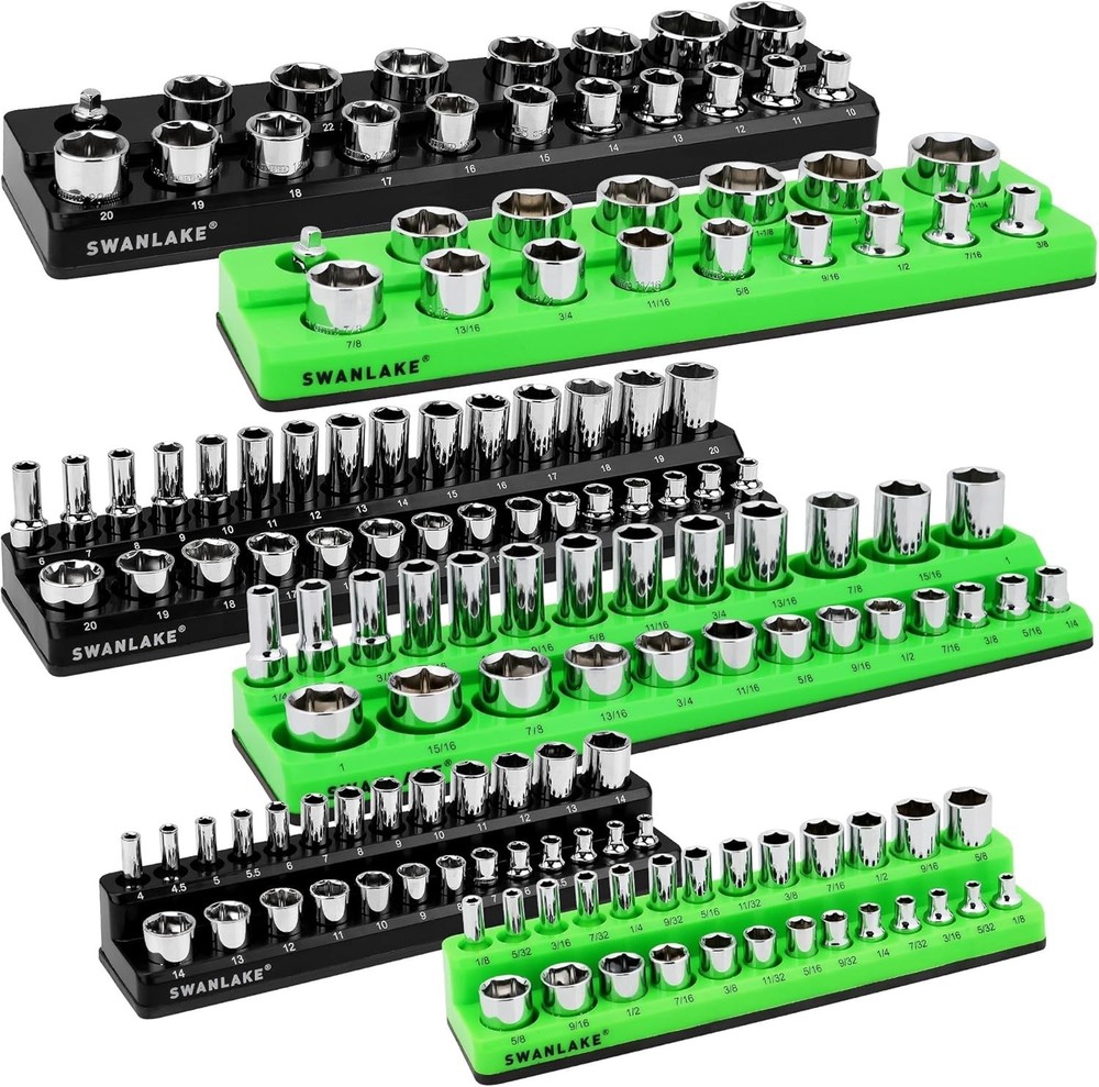 Durable Magnetic Socket Holder, 143 Slots, Green/Black