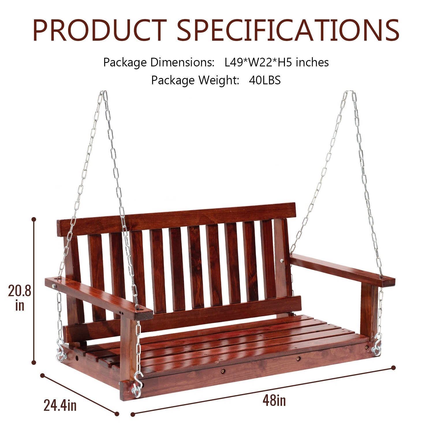 Wooden Porch Swing Heavy Duty 800lb Weight Capacity Swing Bench w/Hanging Chains