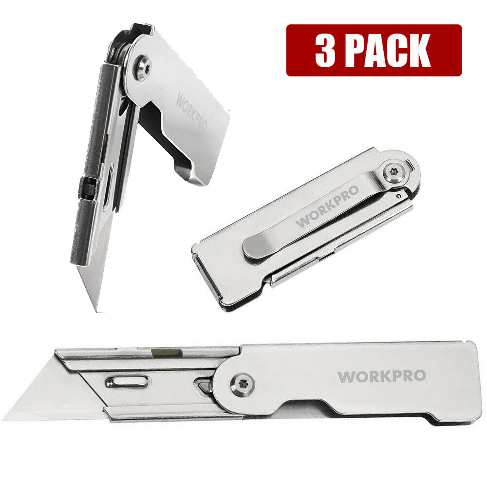WORKPRO 3 Pack Folding Pocket Utility Knife Set Compact Lock Back Box Cutter New